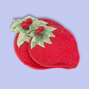 Strawberry Shaped Ceramic Plates Set of 2 Red Fruit Serving Plates-Zrike